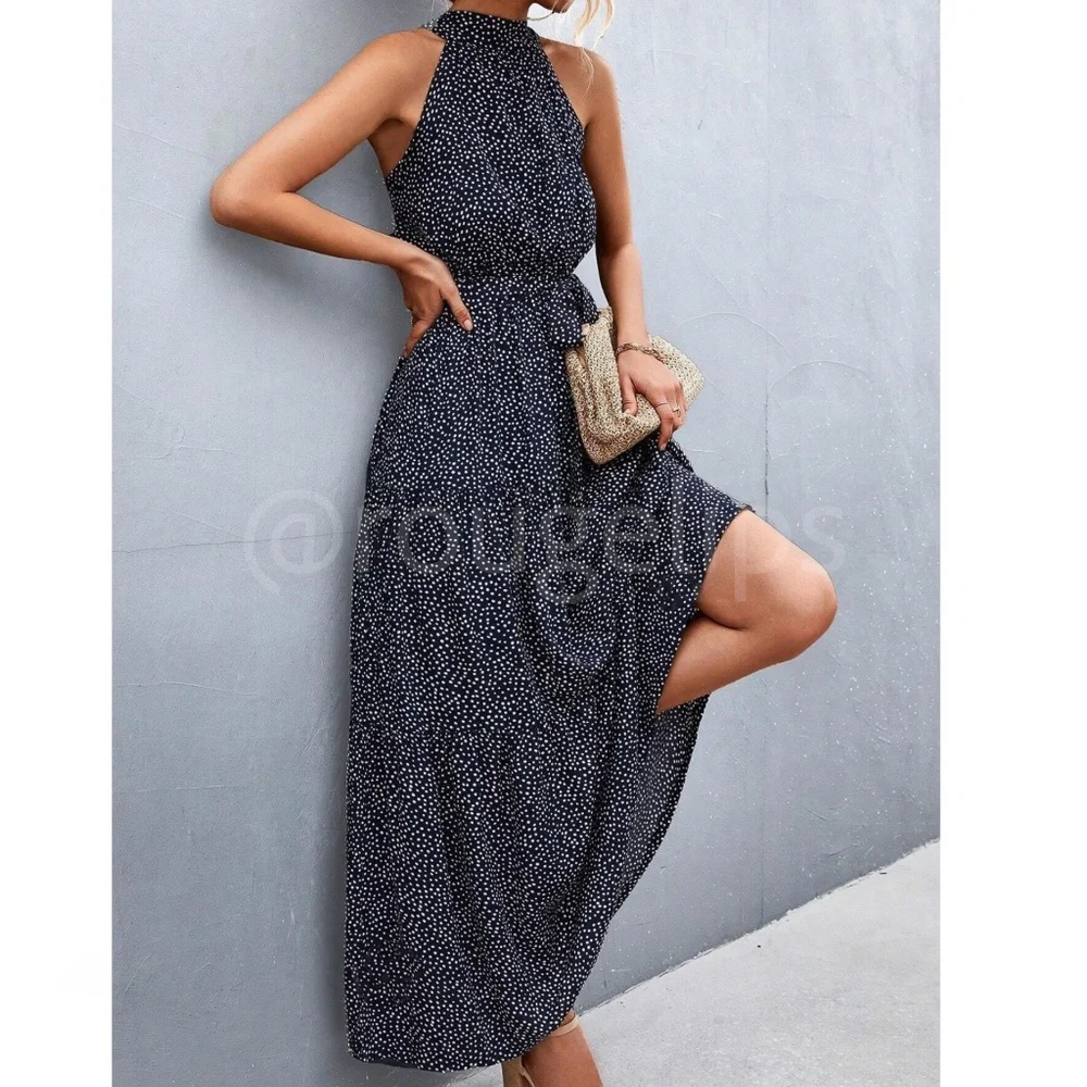 Navy Blue Polka Dot Halter Maxi Dress Tie Belt Long Flared High Neck Sleeveless - Picture 2 of 10